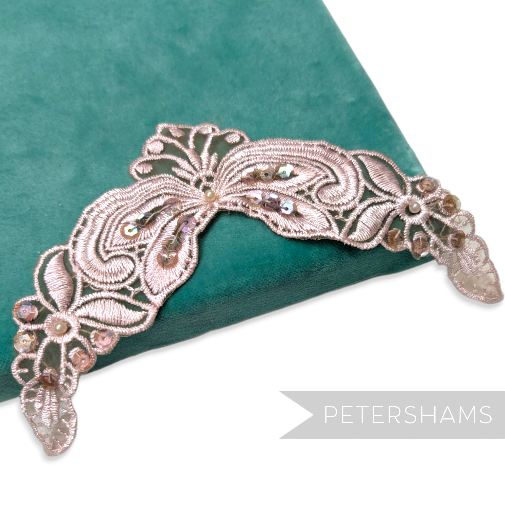 Petershams Millinery Supplies Polly floral lace motif with beads and sequins on embroidered organza in a V-shape