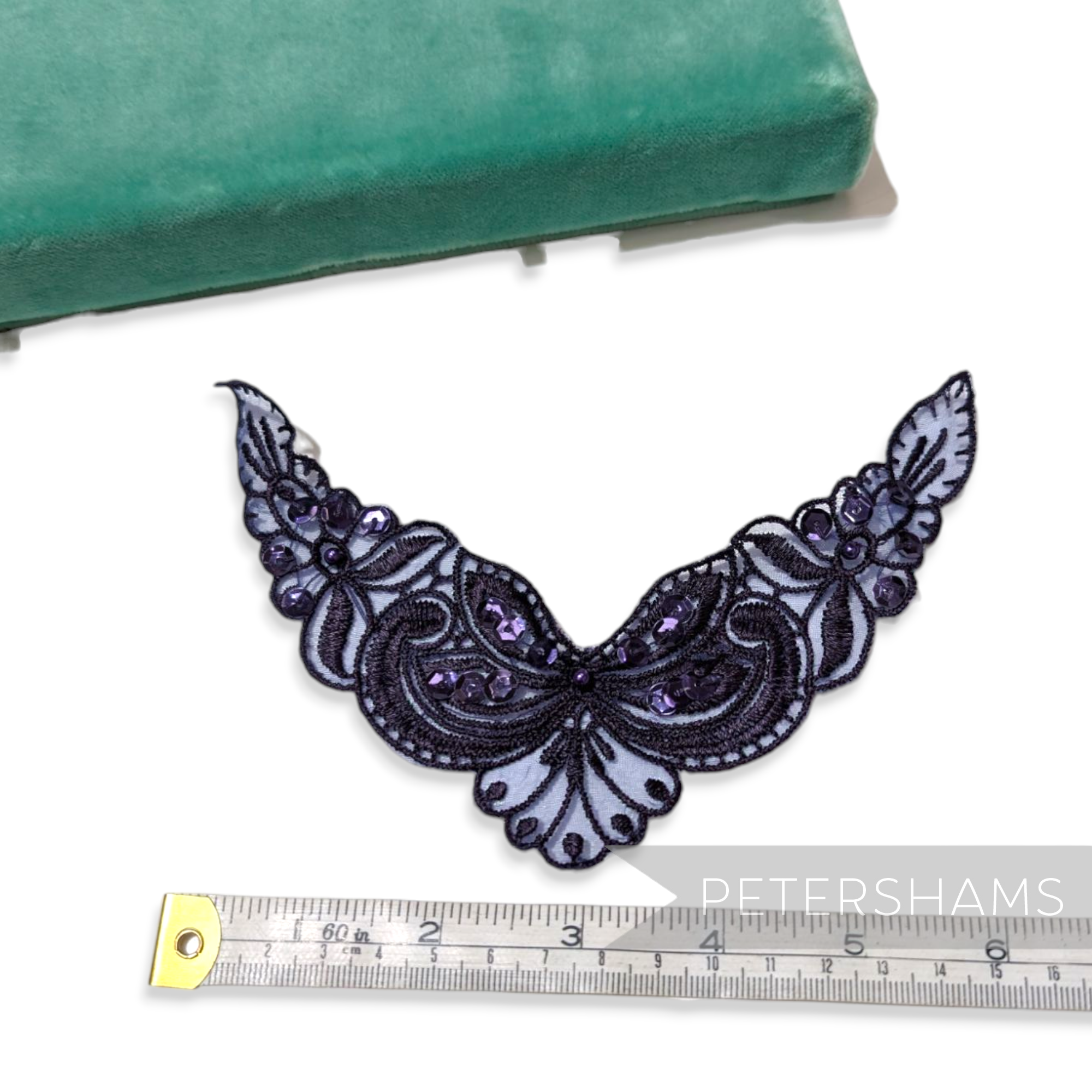Petershams Millinery Supplies Polly floral lace motif in dark purple with beads and sequins on embroidered organza