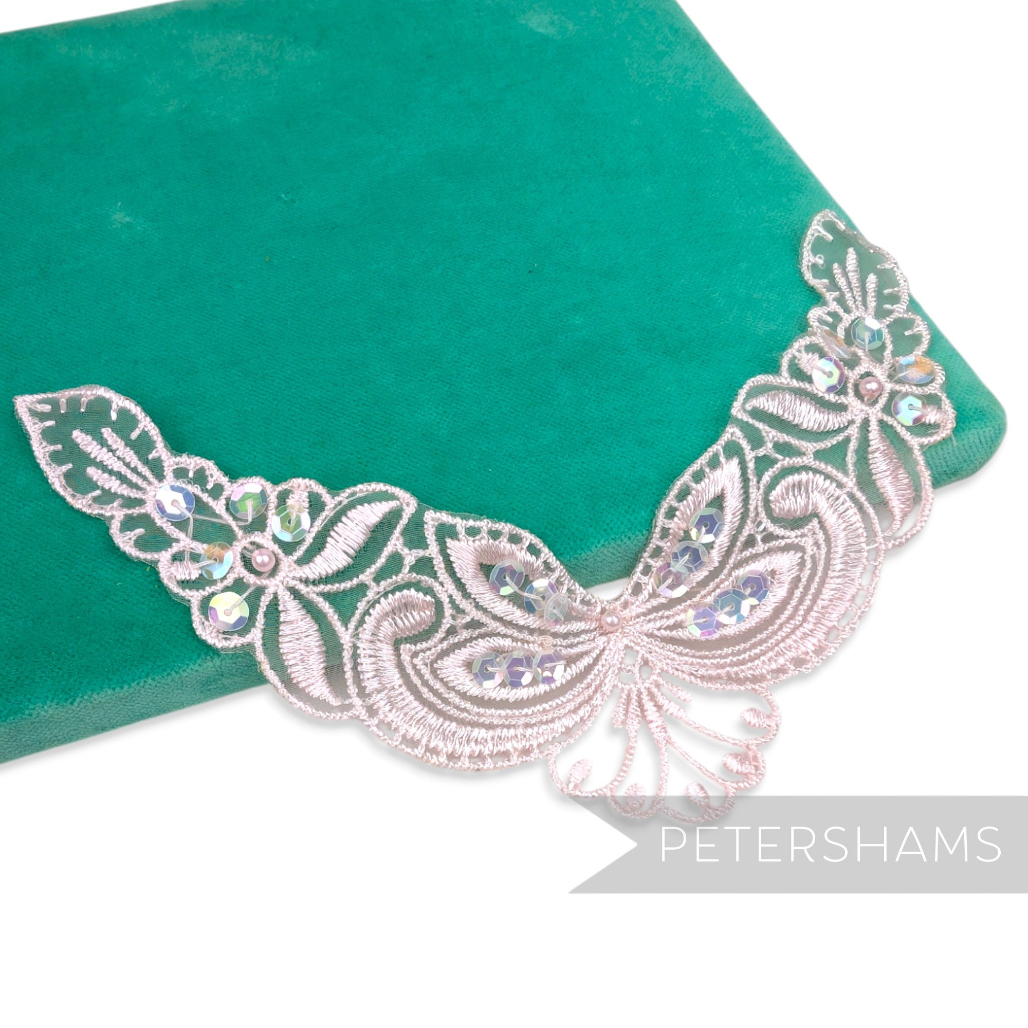 Petershams Millinery Supplies Polly floral lace motif in pale pink with beads and sequins on embroidered organza