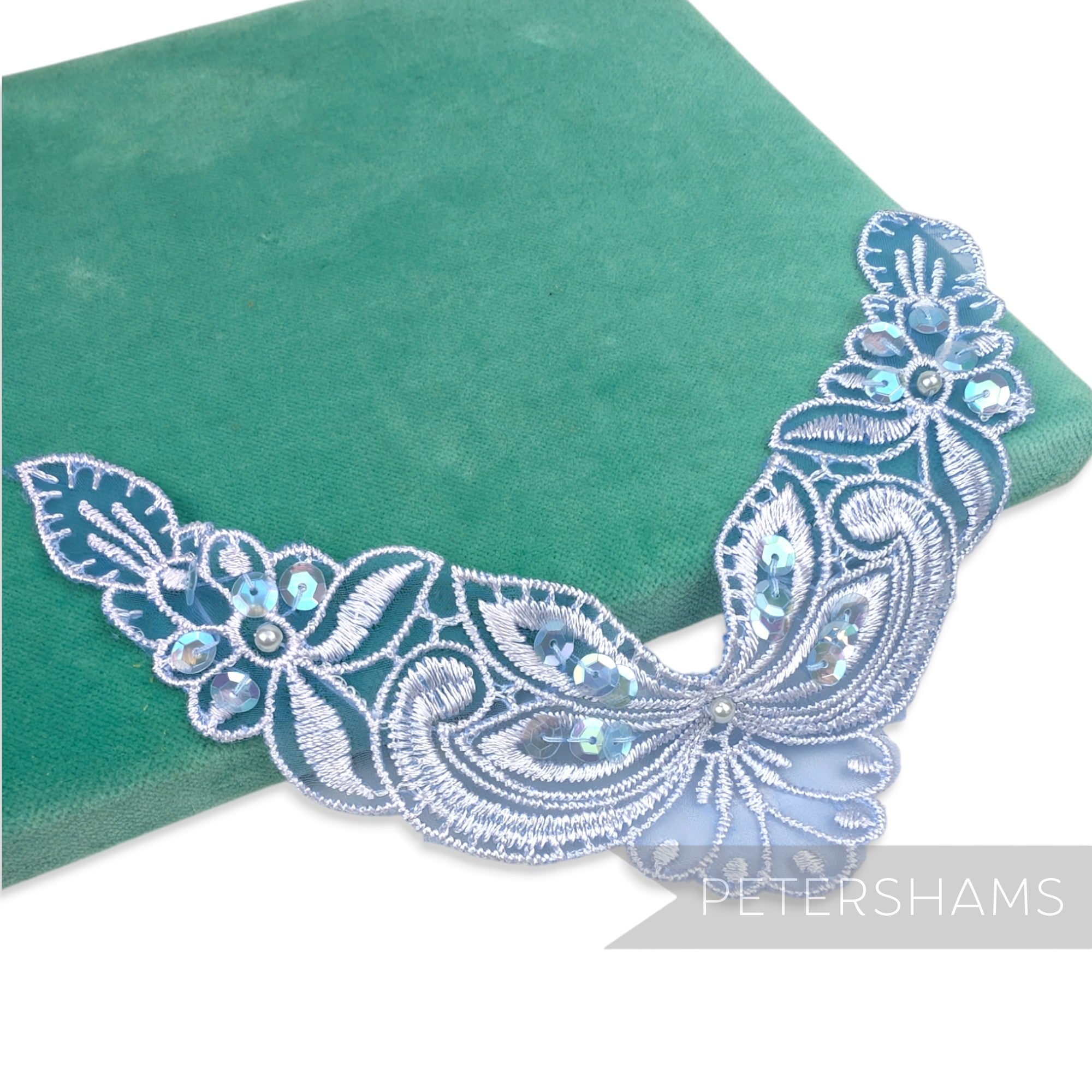 Petershams Millinery Supplies Polly floral lace motif in light blue with beads and sequins on embroidered organza
