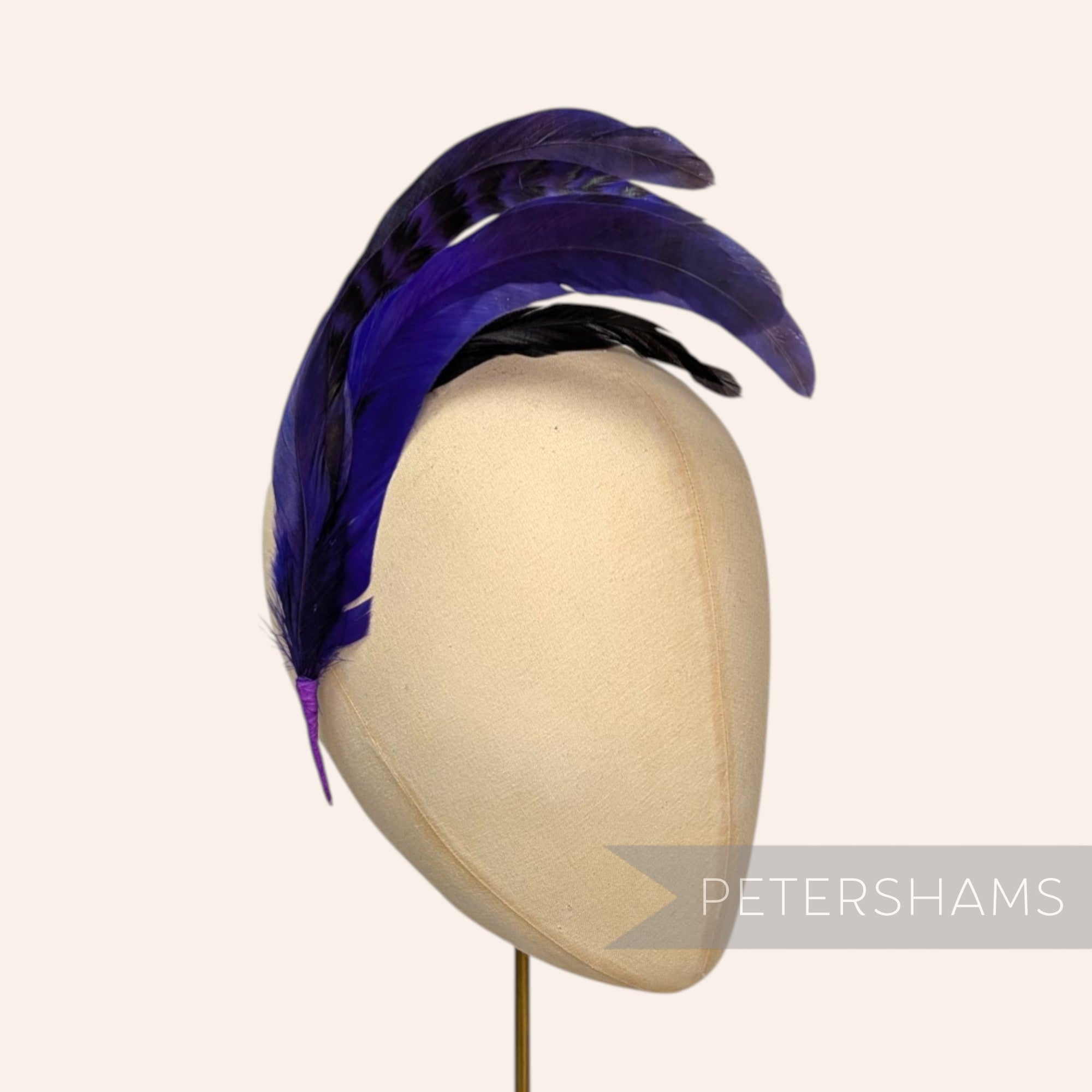 Petershams Millinery Supplies purple chinchilla full coque feather hat mount with 6 striped feathers