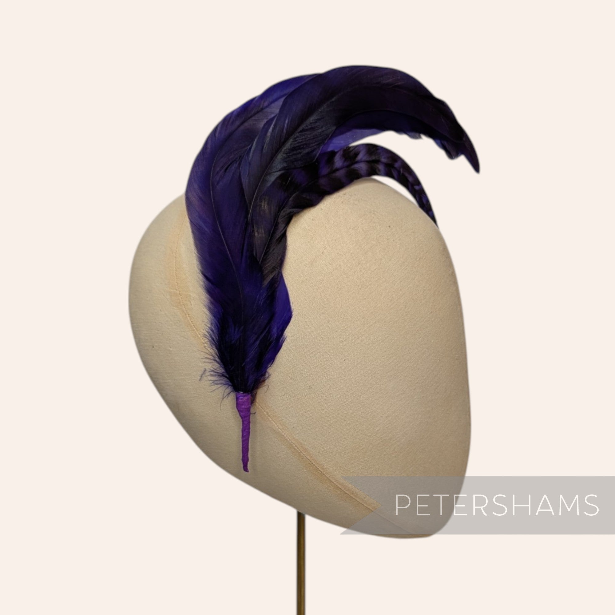Petershams Millinery Supplies purple chinchilla full coque feather hat mount with six feathers