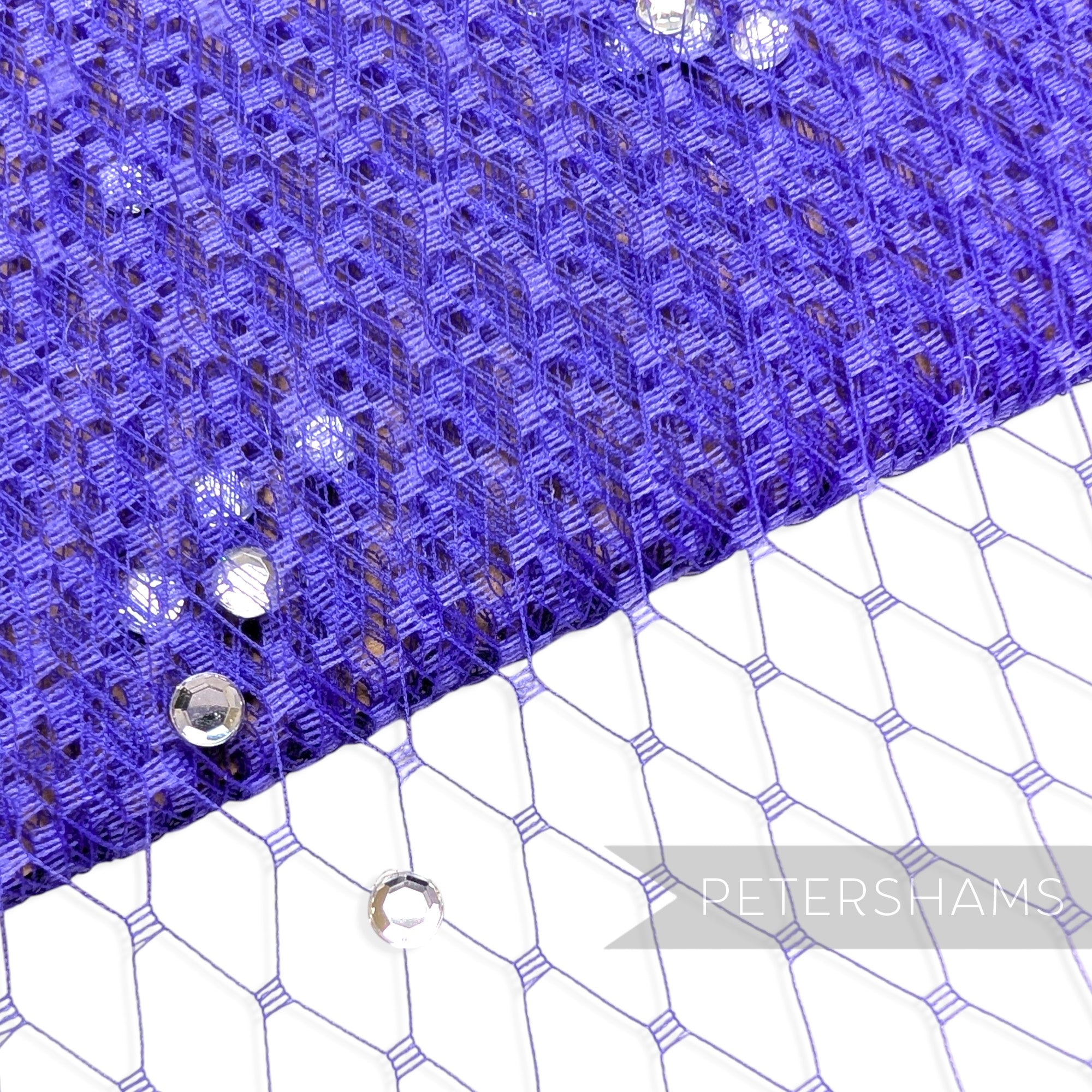 Petershams Millinery Supplies purple diamante veiling with clear acrylic rhinestones for wedding hats and fascinators.