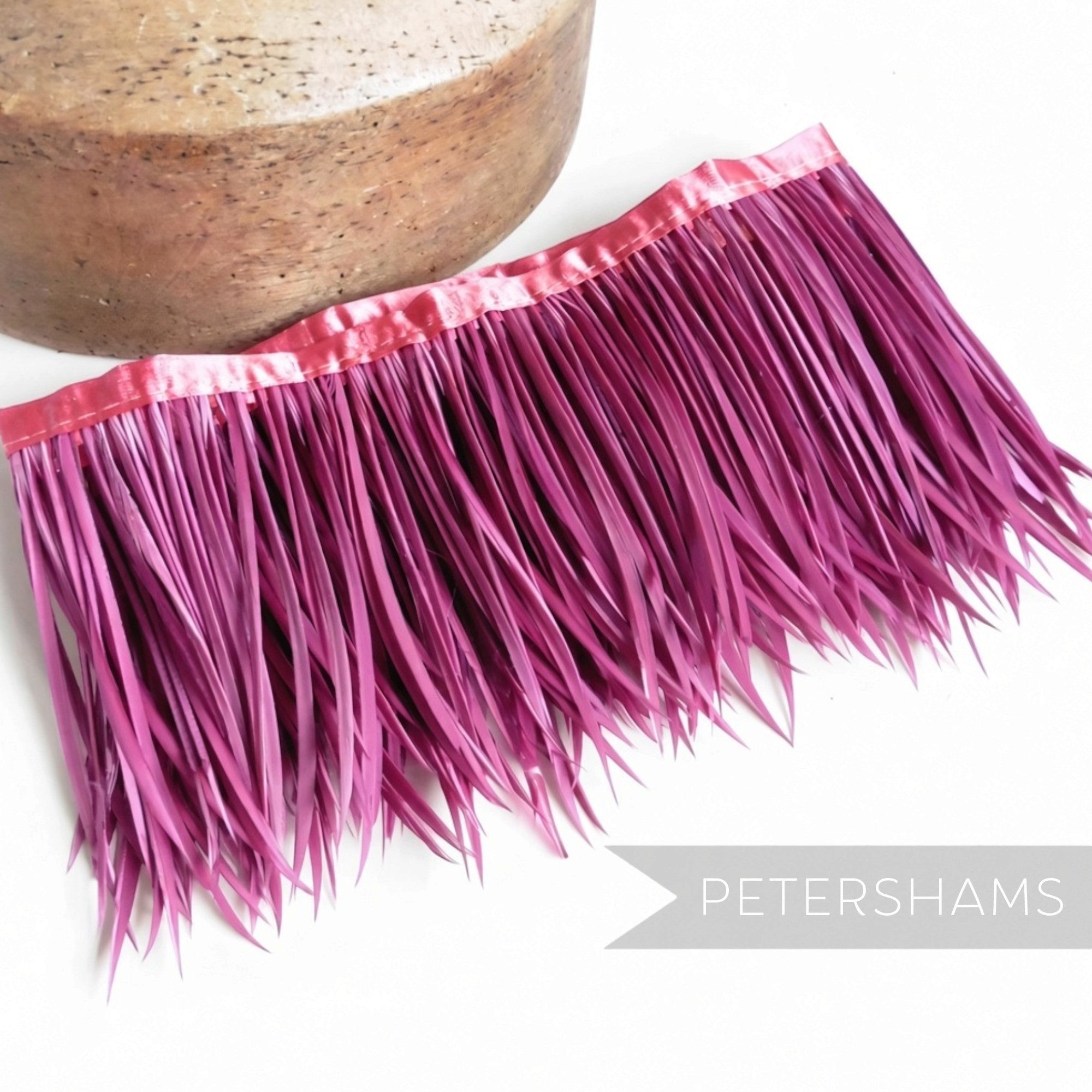 Petershams Millinery Supplies purple goose biot feather fringe with satin ribbon binding for hat making