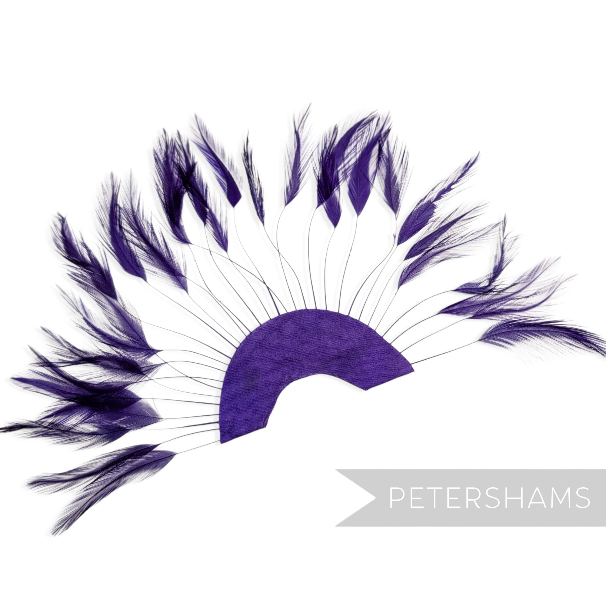 Petershams Millinery Supplies purple stripped hackle feather fan on a cotton base for hat and fascinator trimming