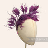 Petershams Millinery Supplies large purple stripped hackle feather mount on a wired stem for hat decoration