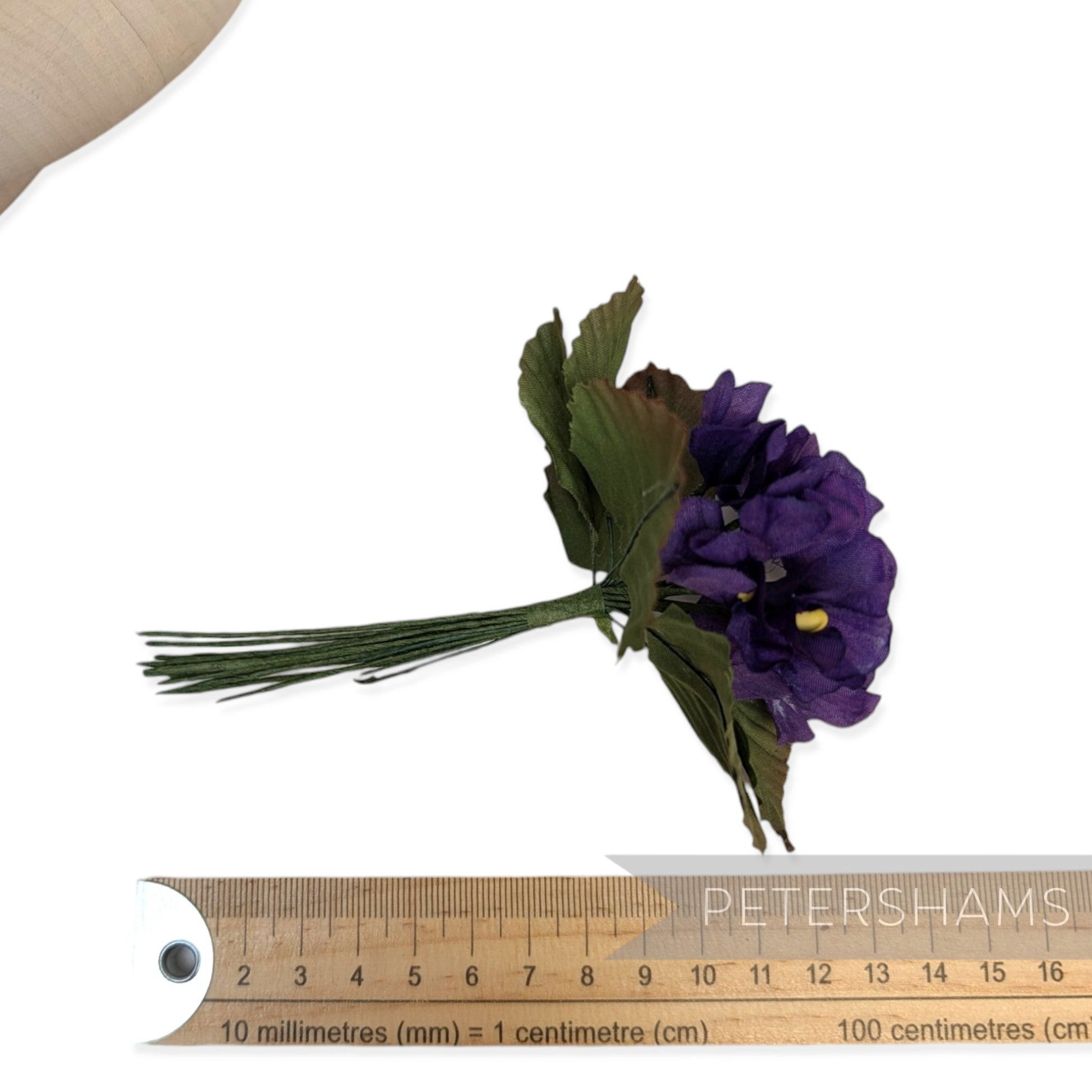 Petershams Millinery Supplies purple faux silk hydrangea flower mount with wired stems and green leaves