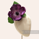 Petershams Millinery Supplies vintage 1980s large purple fabric magnolia flower with green leaves