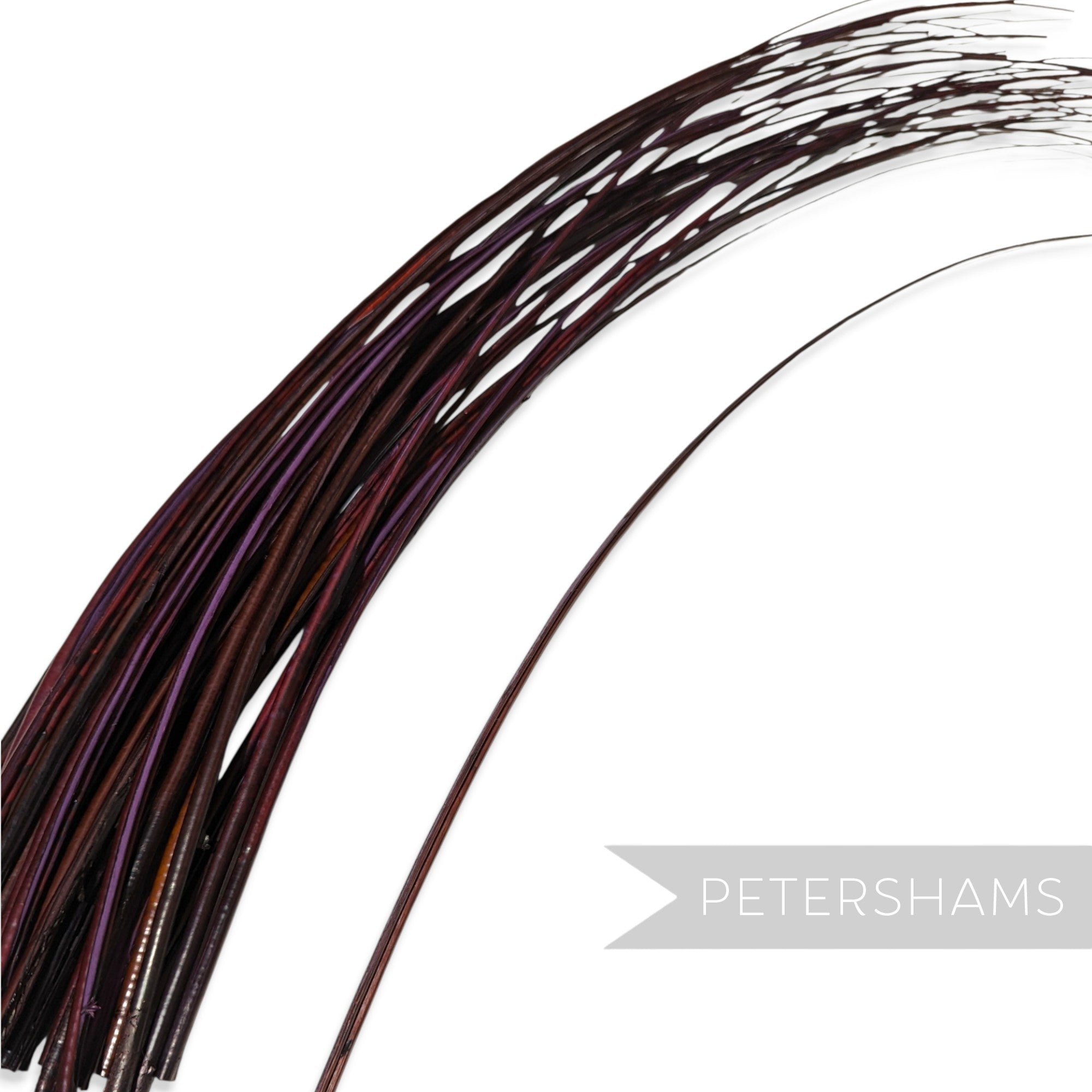 Petershams Millinery Supplies long dark purple stripped ostrich quill feather for hat making and millinery crafts.