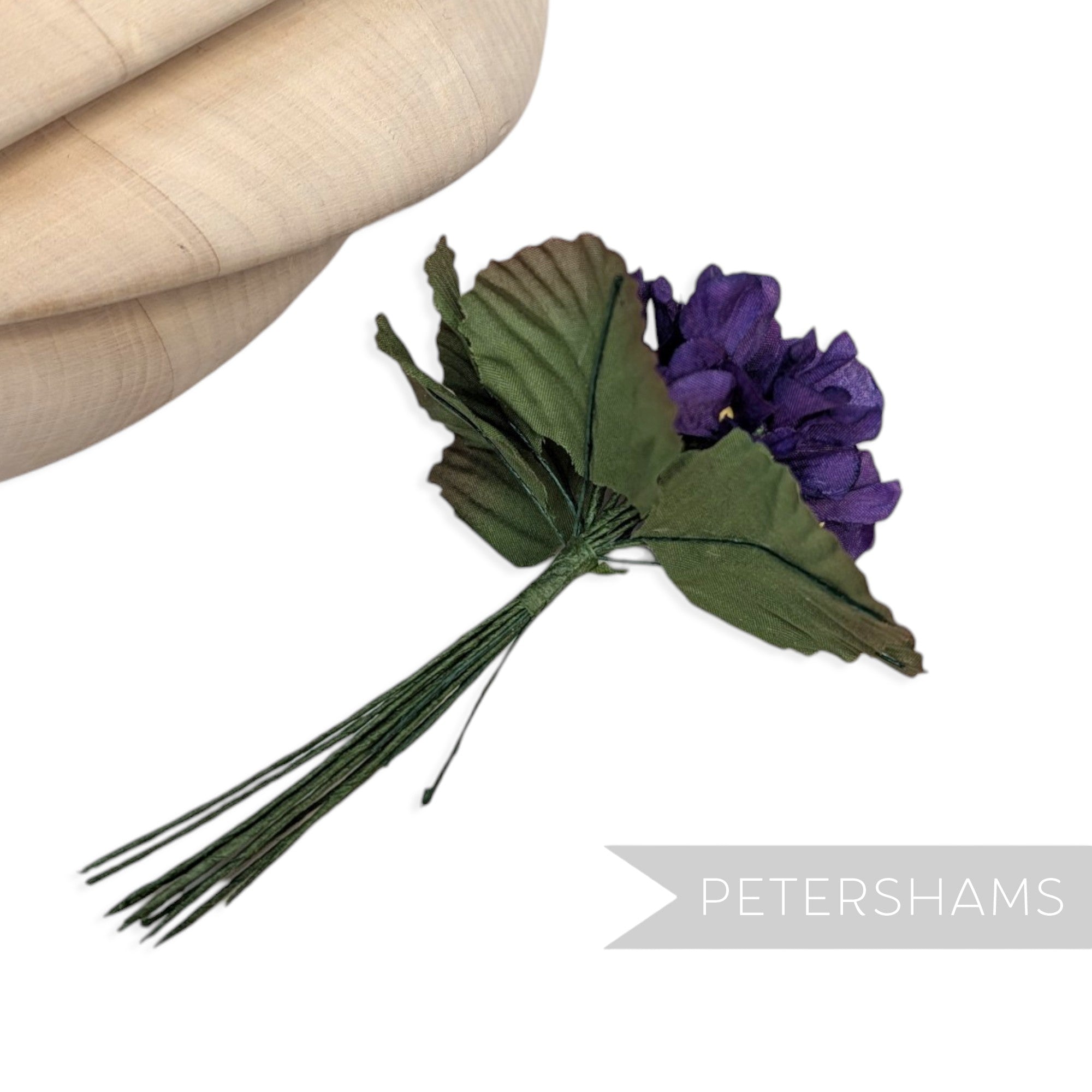 Petershams Millinery Supplies purple faux silk hydrangea flower mount with wired green leaves for hat making