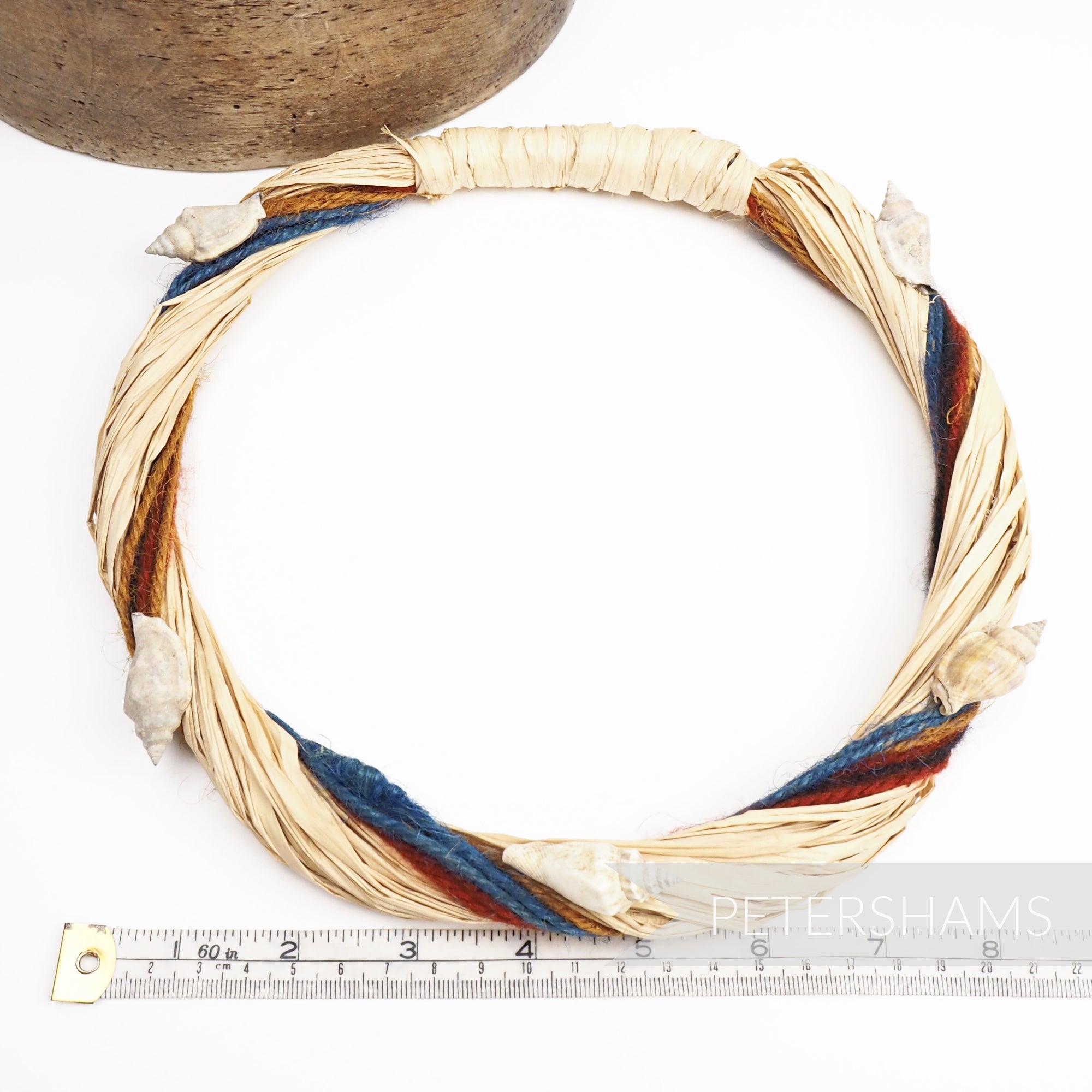Petershams Millinery Supplies nautical raffia headdress frame with seashells and earth tone yarn
