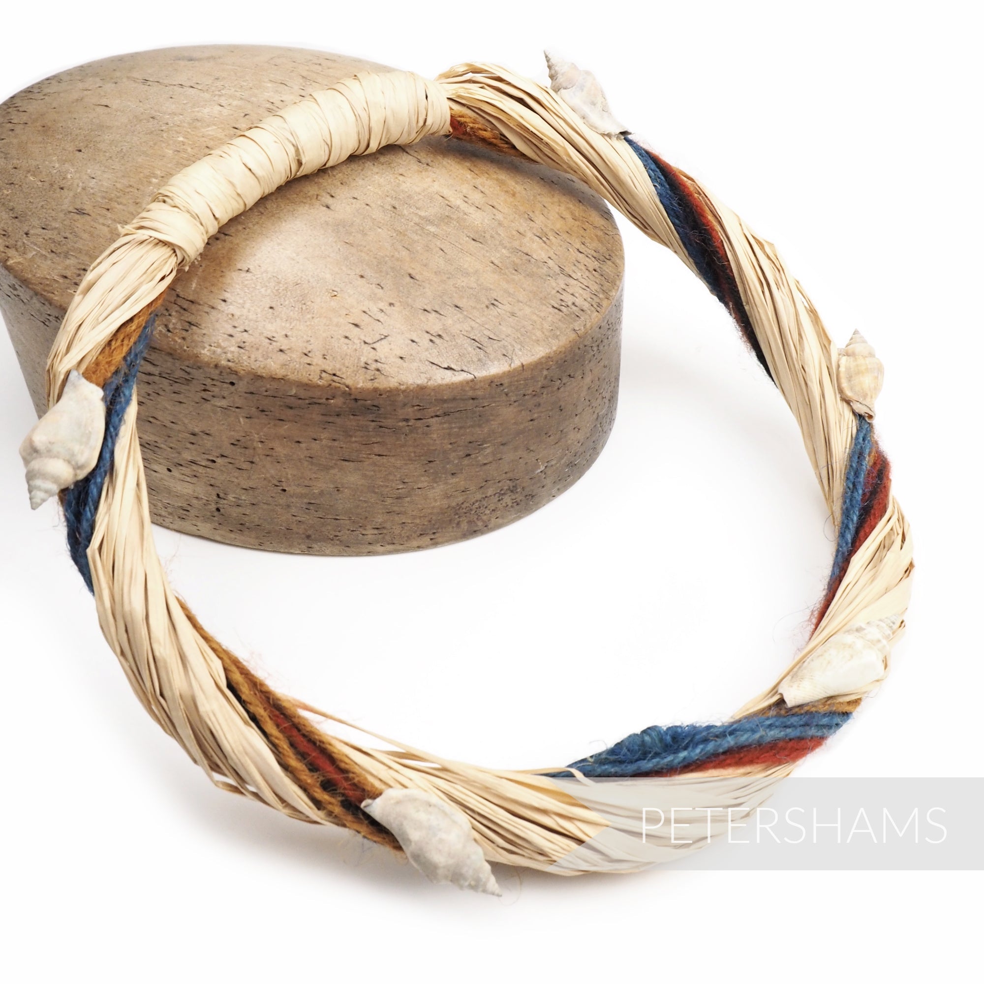 Petershams Millinery Supplies nautical raffia headdress frame with earth tone yarn and seashells