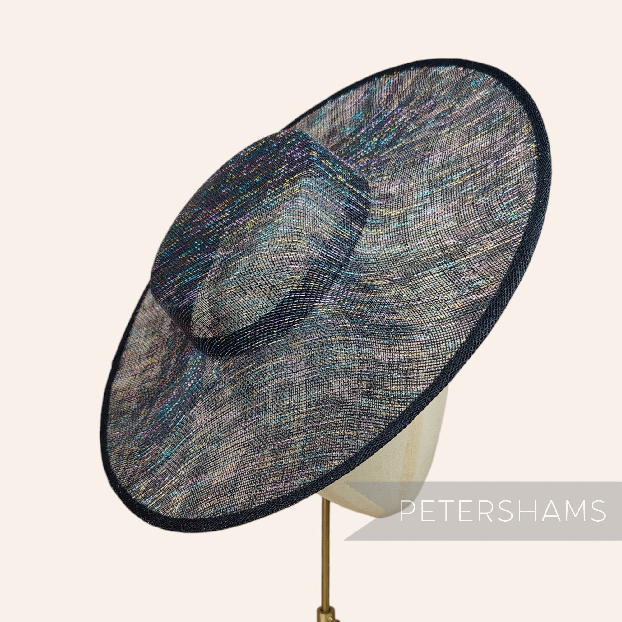 Petershams Millinery Supplies rainbow metallic lurex sinamay boater fascinator hat base with a wide brim