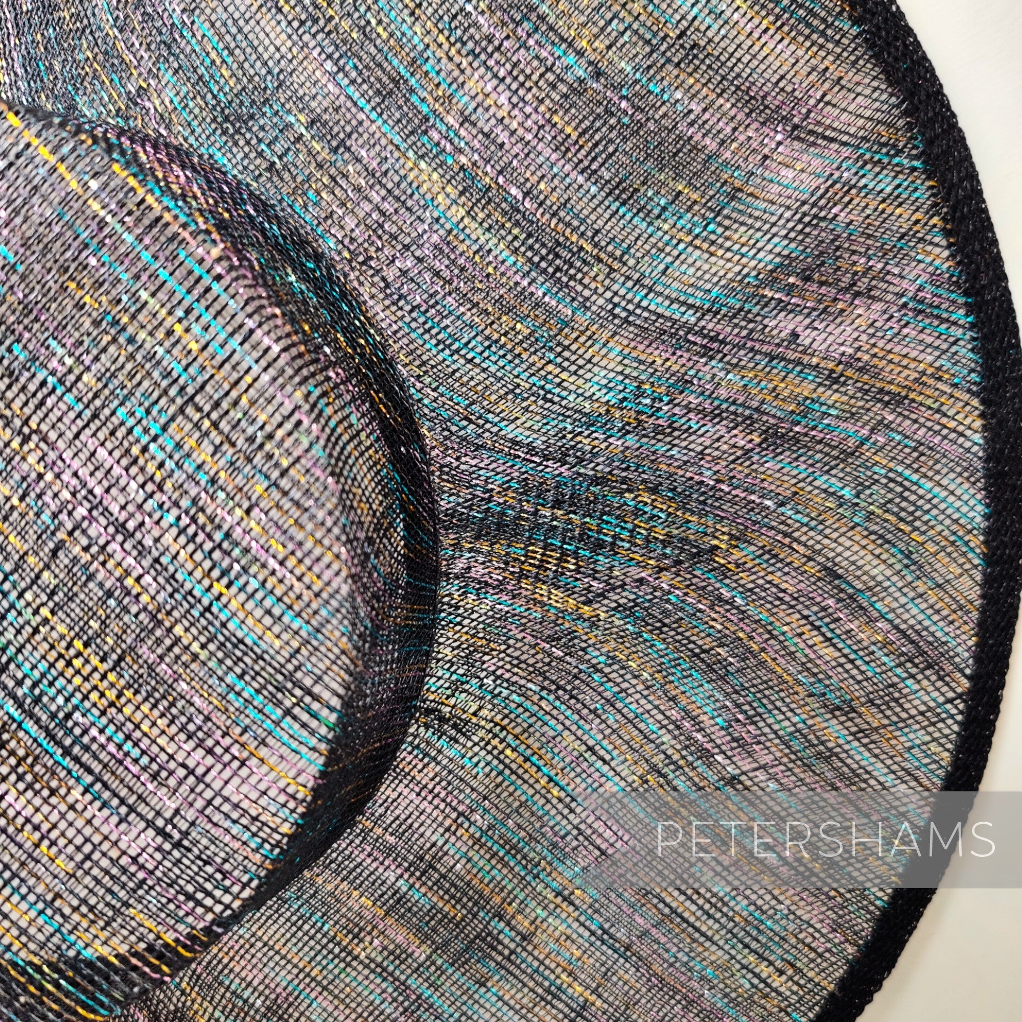 Petershams Millinery Supplies rainbow metallic lurex sinamay boater hat base with a wide brim and black trim