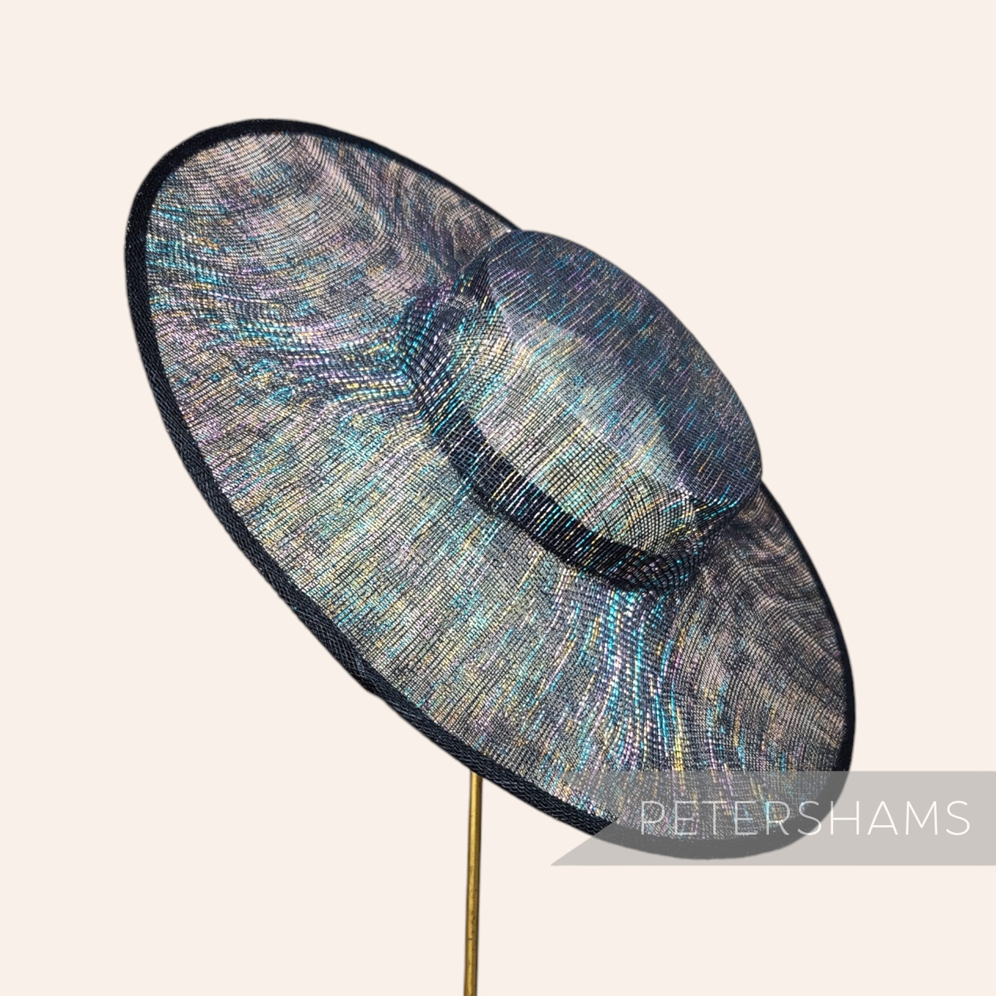 Petershams Millinery Supplies rainbow metallic lurex sinamay boater fascinator hat base with a wide brim