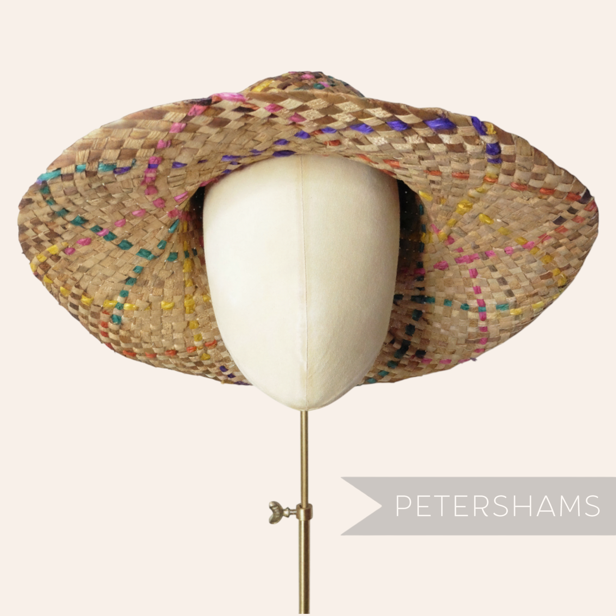 Petershams Millinery Supplies fiesta rainbow dark straw capeline hat body with colourful woven rope accents