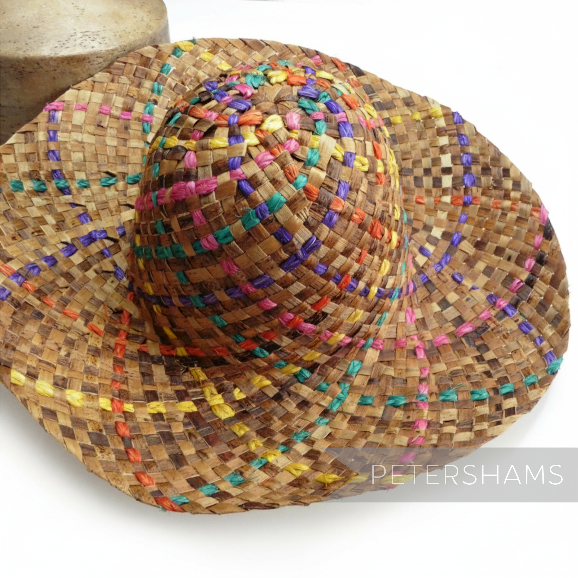 Petershams Millinery Supplies dark straw capeline hat body with woven rainbow coloured rope accents
