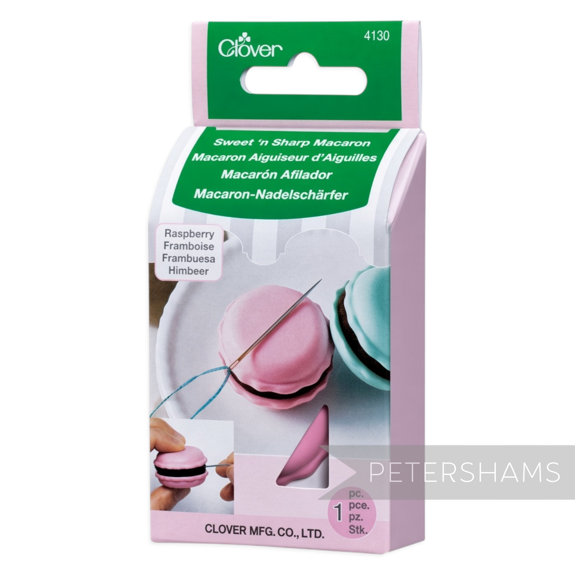 Petershams Millinery Supplies Clover Sweet 'n Sharp macaron needle minder and sharpener in raspberry pink packaging.