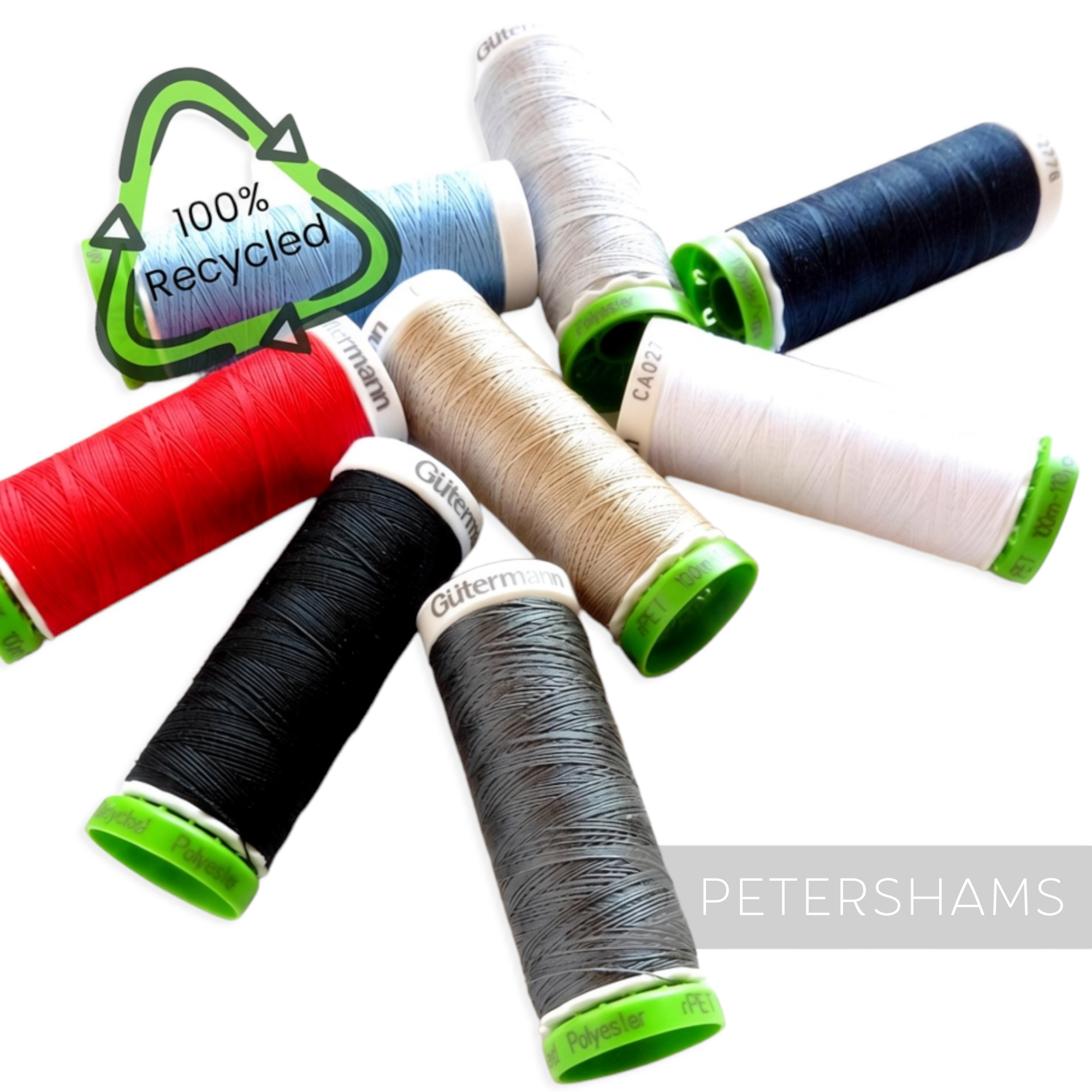 Petershams Millinery Supplies Gutermann recycled polyester sewing thread spools in various colours with eco-friendly logo