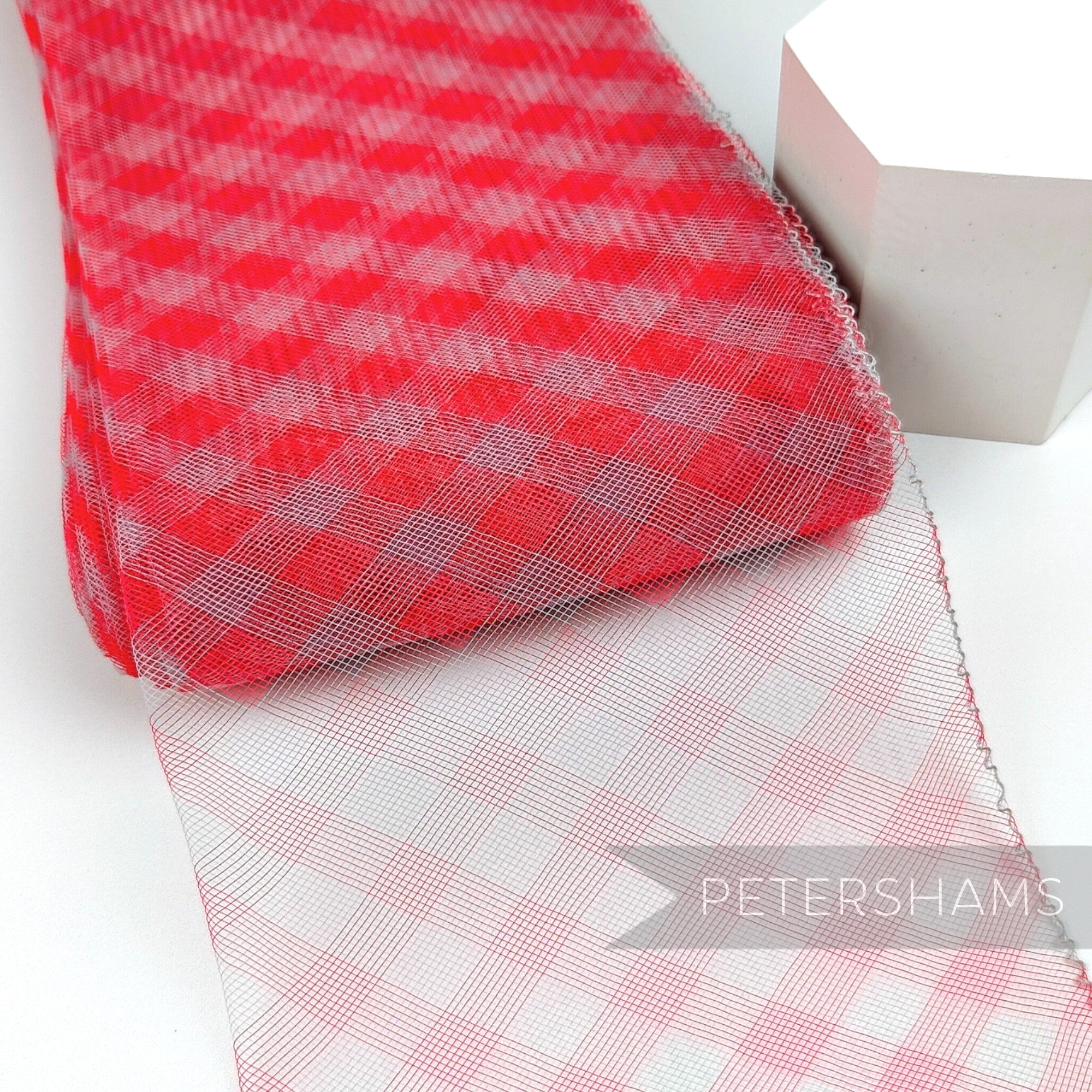 Petershams Millinery Supplies red and grey petite checker pattern crinoline horsehair braid for fascinator making