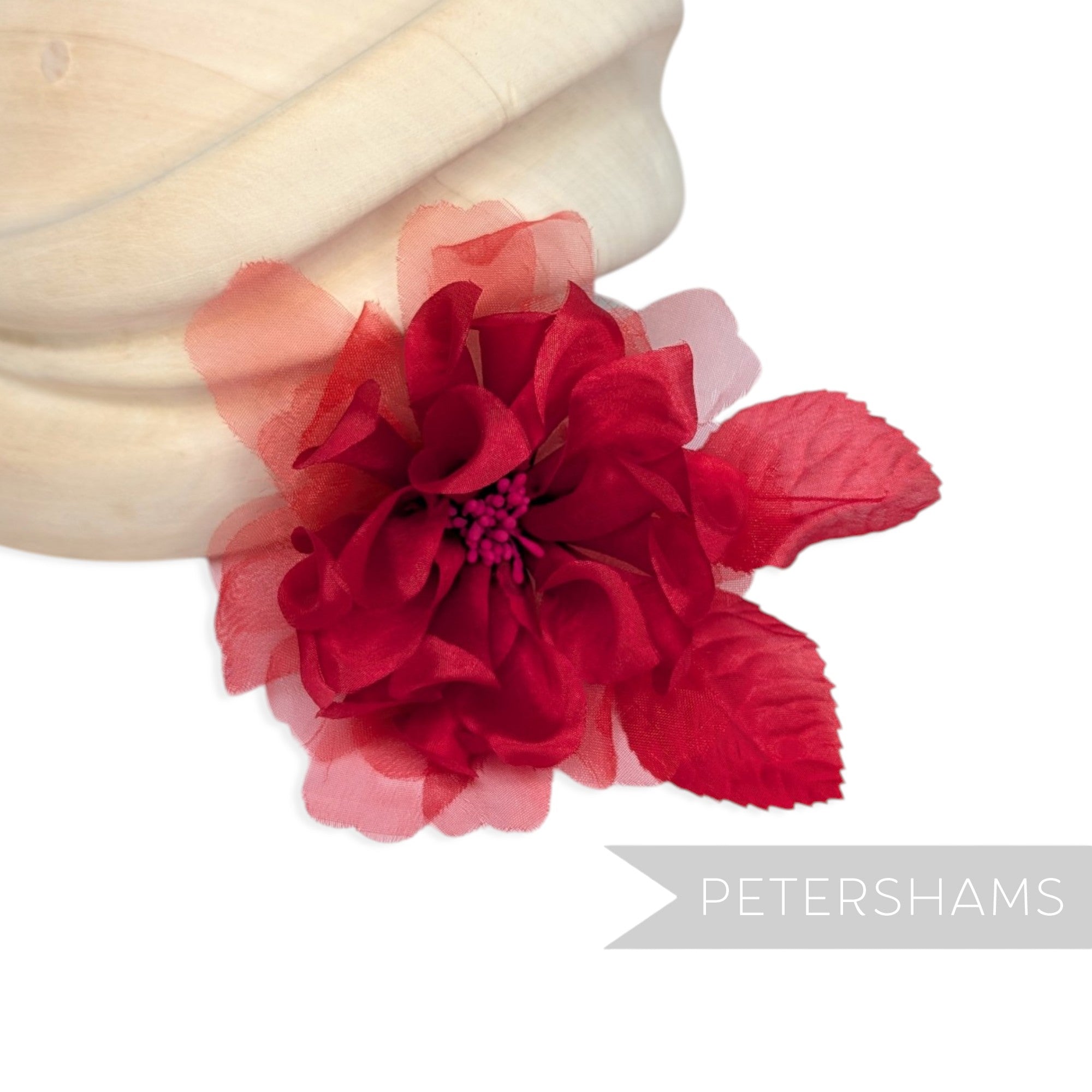 Petershams Millinery Supplies Dilliah red silk and organza dahlia hat flower with wired leaves and stem