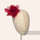 Petershams Millinery Supplies Dilliah red silk and organza dahlia flower hat mount with wired leaves on a mannequin