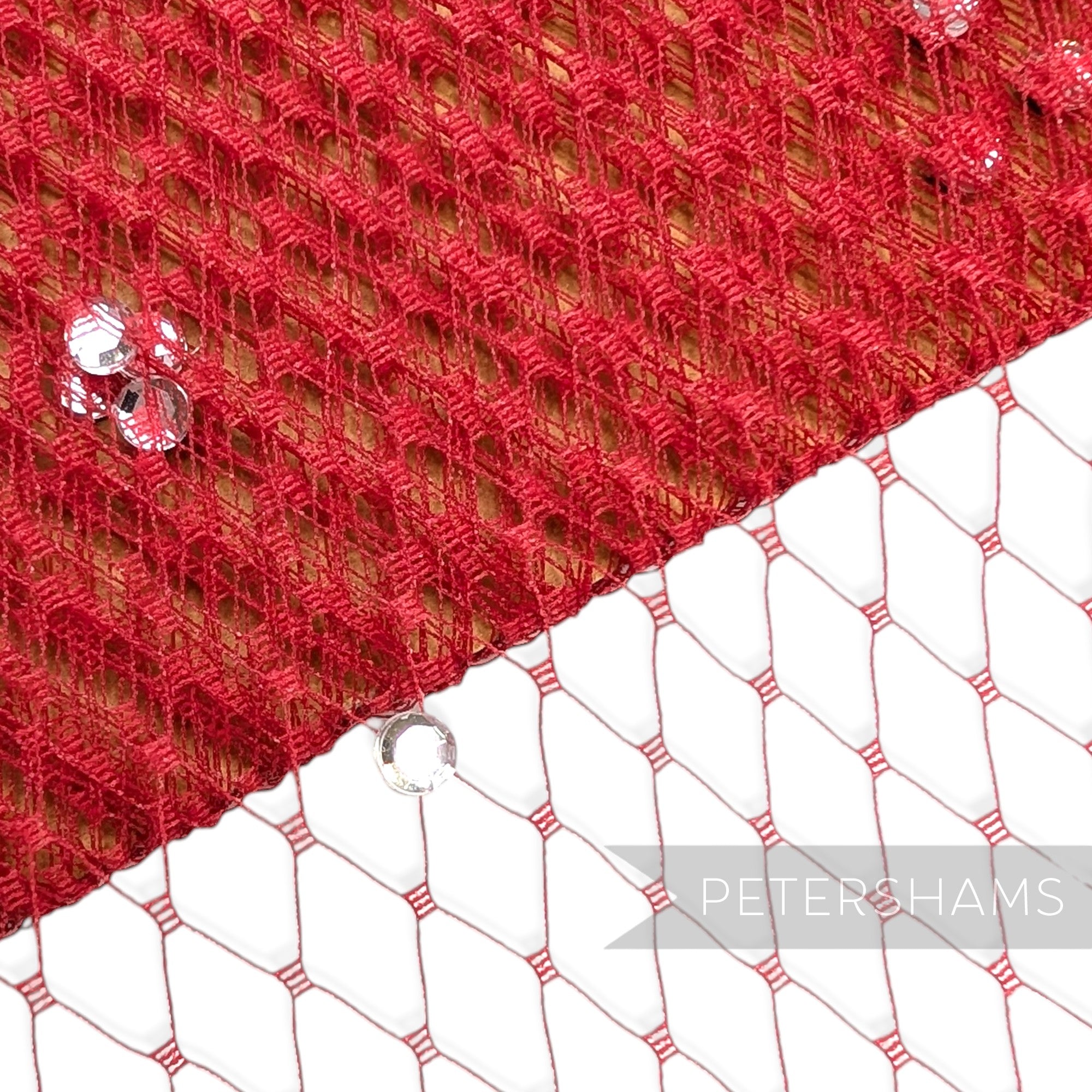 Petershams Millinery Supplies red diamond-patterned veiling embellished with clear acrylic diamantes for millinery