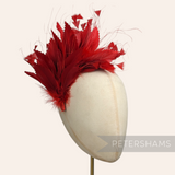 Petershams Millinery Supplies red feather hat mount featuring zig zag goose, coque, and peacock feathers