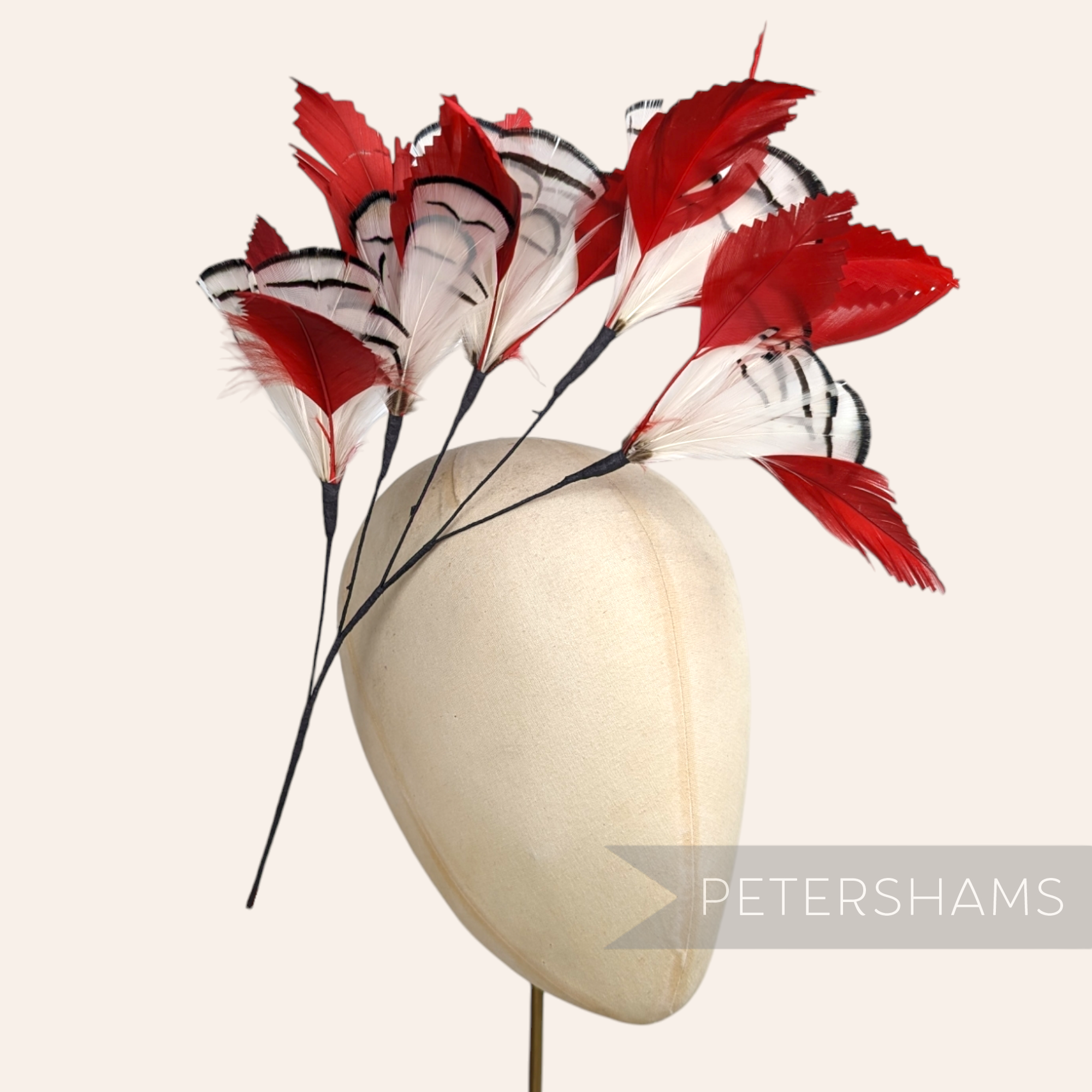 Petershams Millinery Supplies extra large red and white Lady Amherst and goose feather flower hat mount