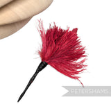 Petershams Millinery Supplies red ostrich and goose feather hat mount on a black wired stem for fascinator decor.