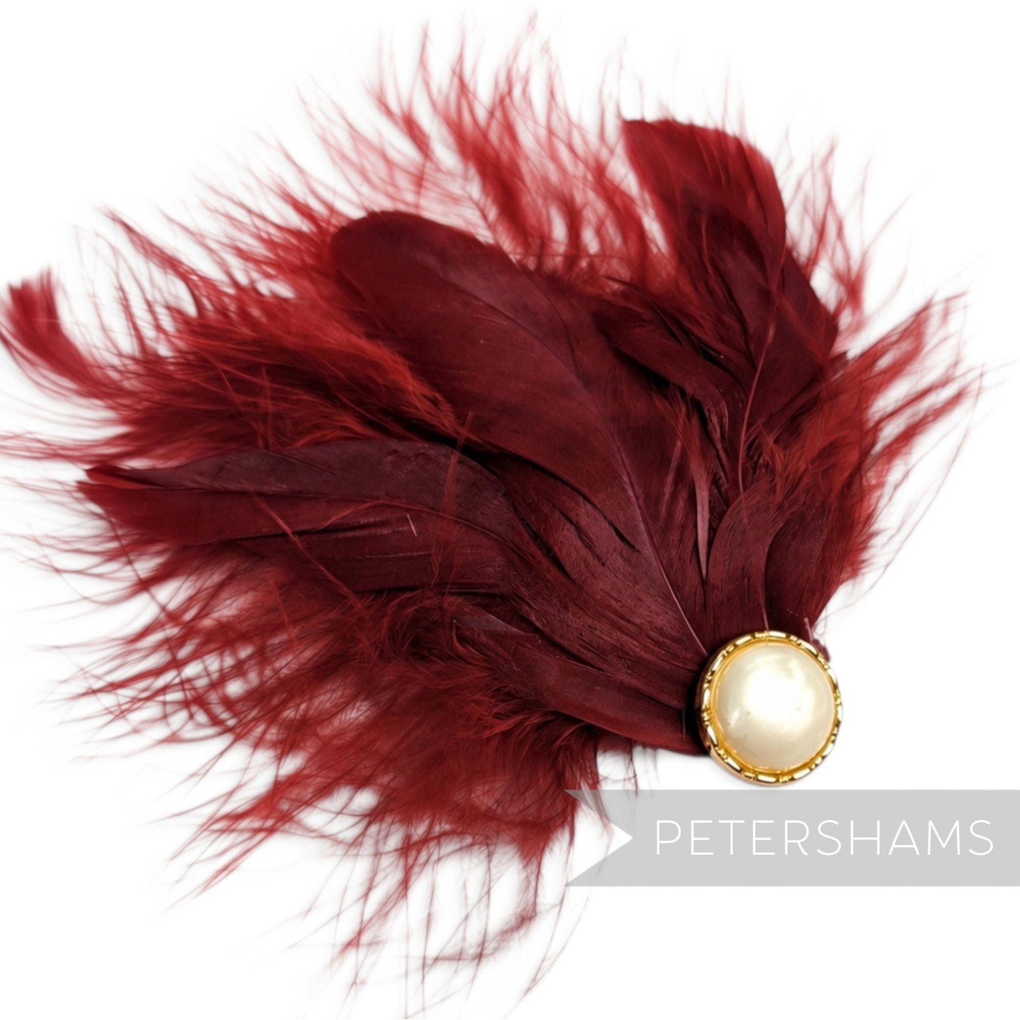 Petershams Millinery Supplies deep red marabou and coque feather hat mount with a pearlescent cabochon center.