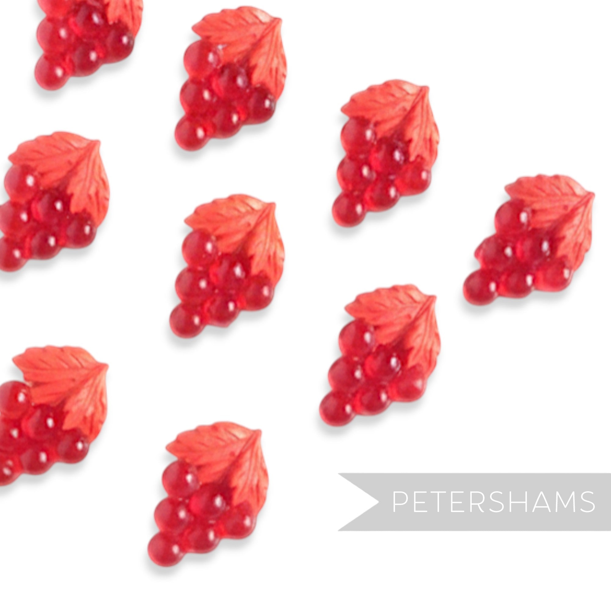 Petershams Millinery Supplies red plastic novelty grape buttons, 1960s/70s vintage, 27mm x 20mm.