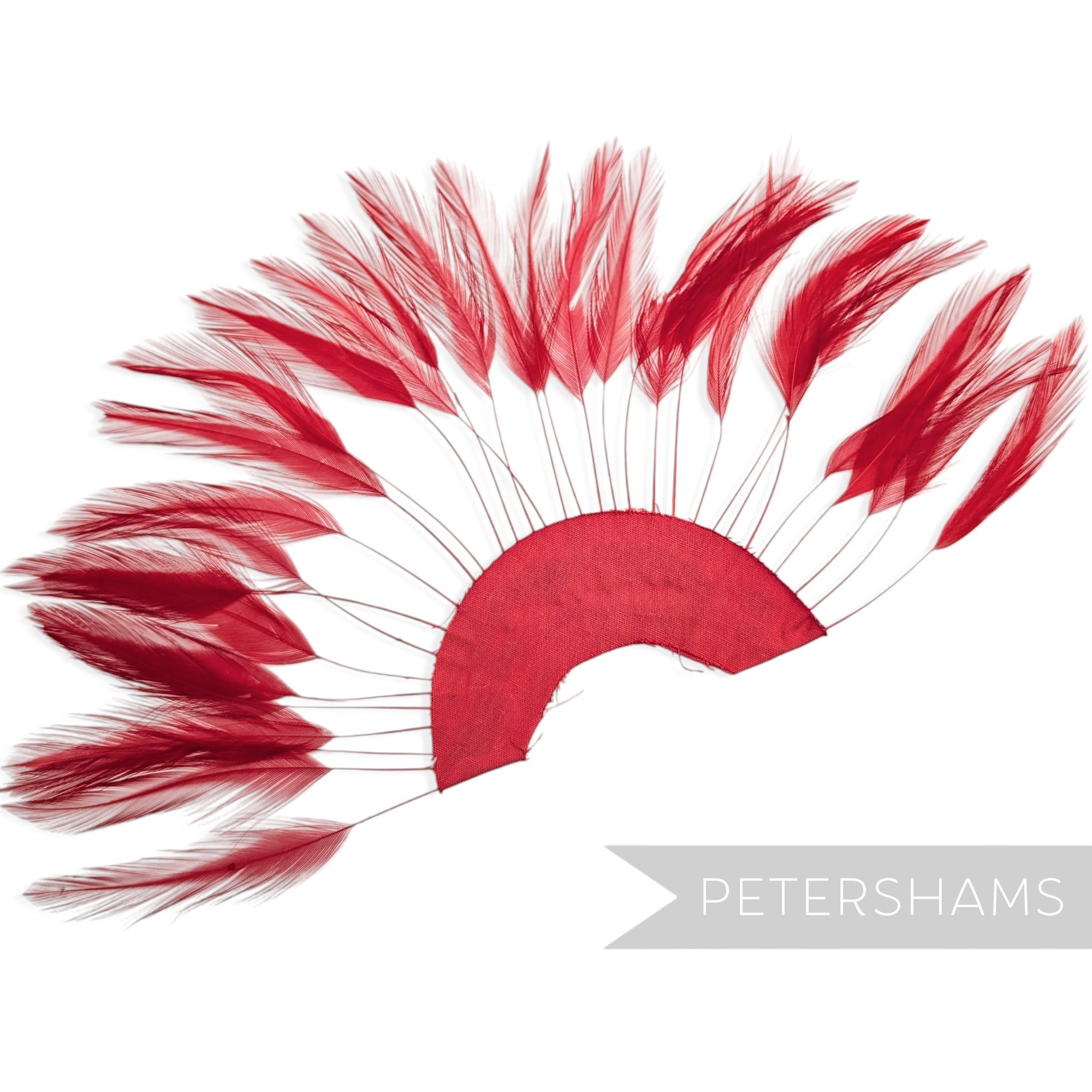 Petershams Millinery Supplies red stripped hackle feather fan on a cotton base for hat and fascinator trimming