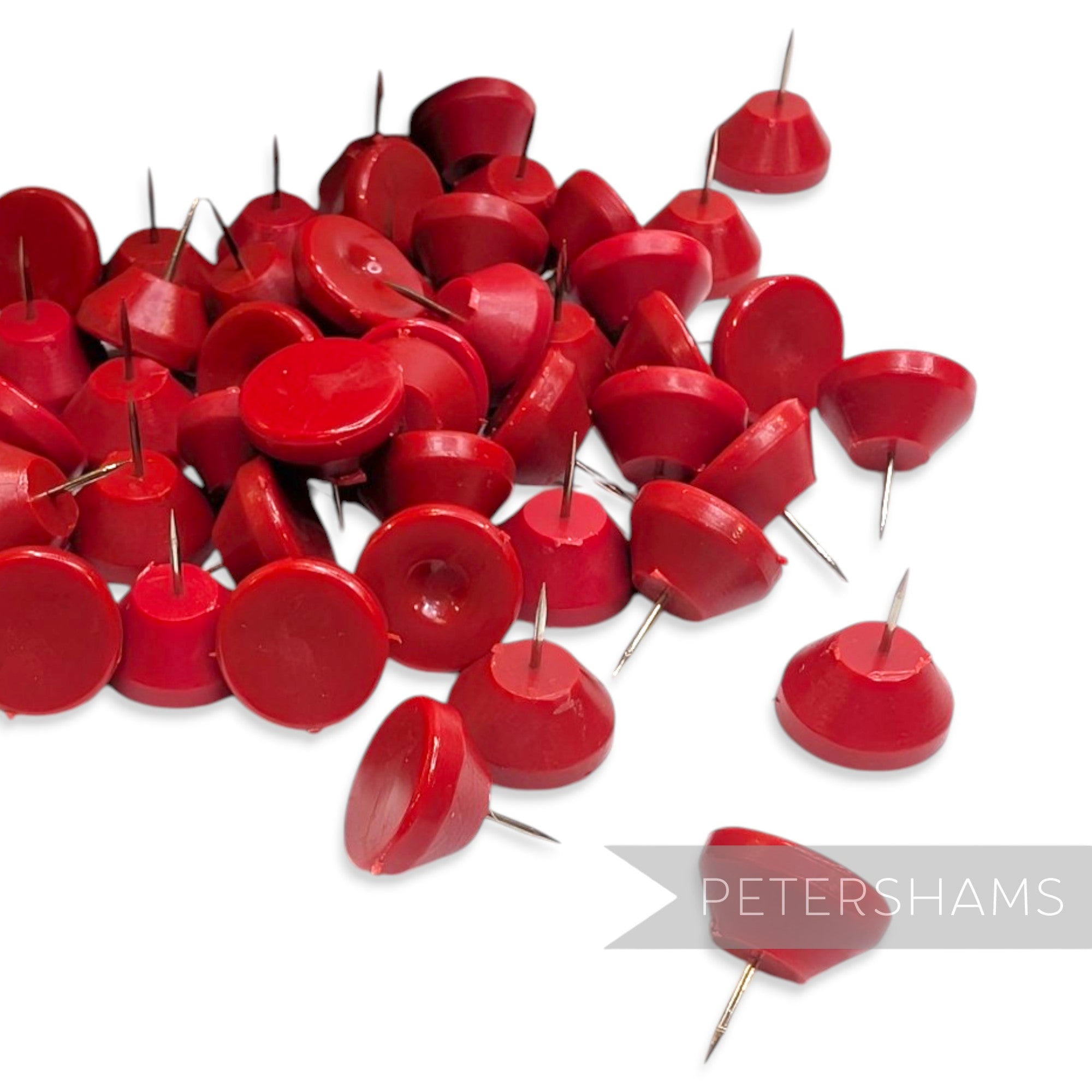 Petershams Millinery Supplies red dome-topped hat blocking pins with sharp metal tips for millinery projects