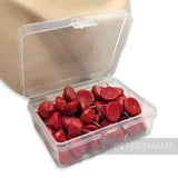 Petershams Millinery Supplies red hat blocking pins with dome tops in a clear plastic storage case
