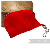 Petershams Millinery Supplies vintage red nylon fold-up bucket hat storage pouch with attached keychain clip.