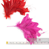Petershams Millinery Supplies red and pink zig zag goose, coque, and peacock feather hat mounts