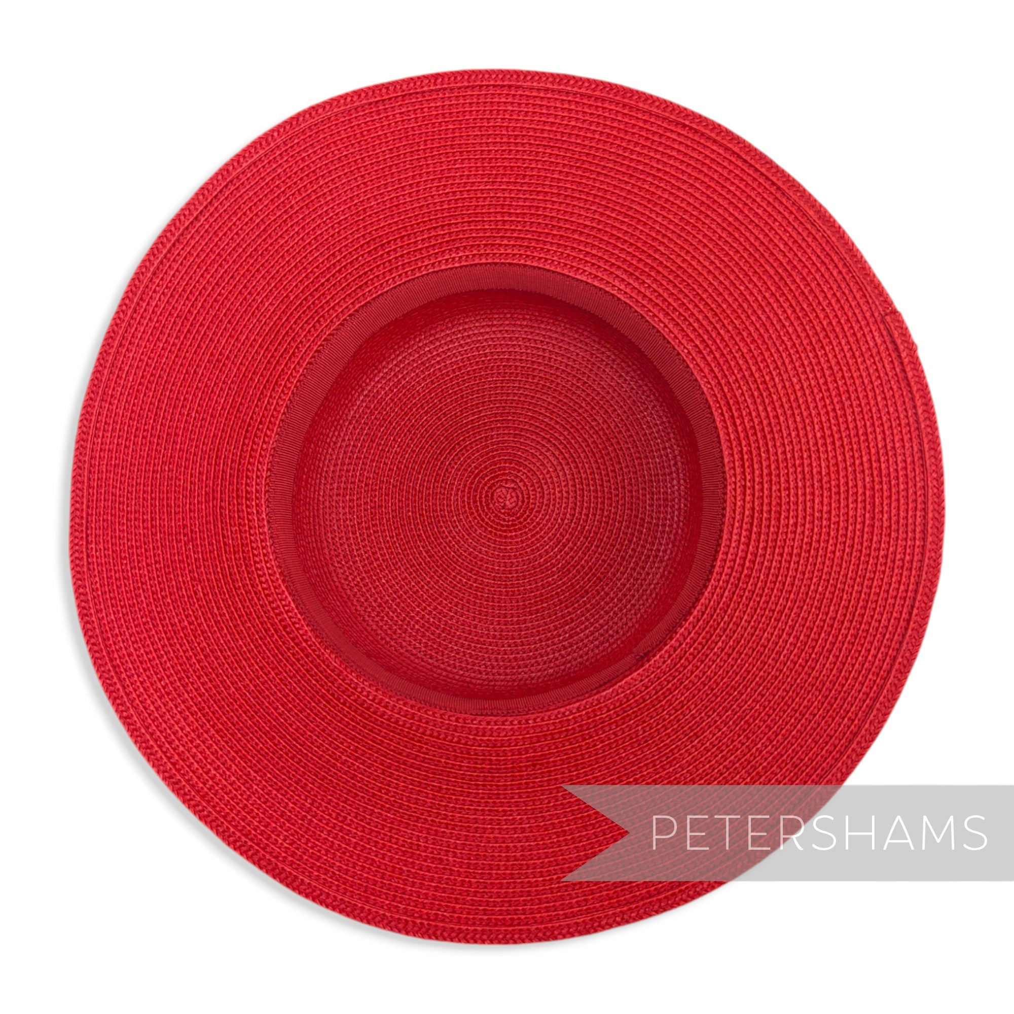 Petershams Millinery Supplies red polybraid boater fascinator hat base with a wide brim and spiralled texture