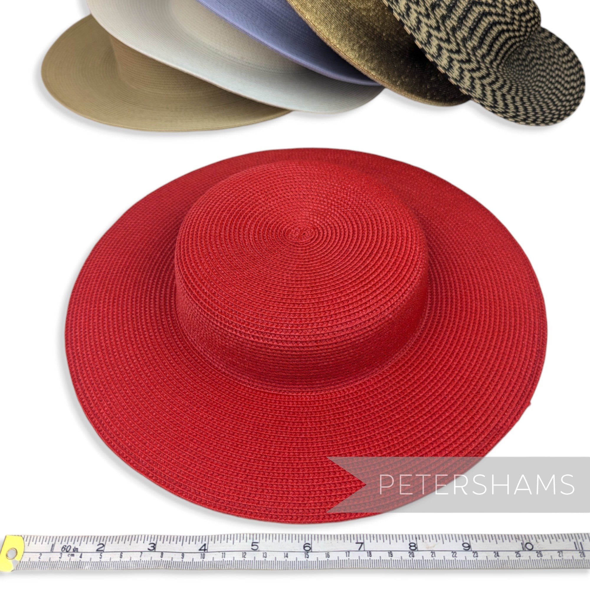 Petershams Millinery Supplies red polybraid boater fascinator hat base with a flat crown and small brim