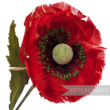 Petershams Millinery Supplies vintage red poppy feather flower with green stamen and long stem for hat making