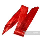 Petershams Millinery Supplies red pleated satin puggaree hat band with a metal pin tab for easy attachment.