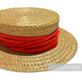Petershams Millinery Supplies red pleated satin puggaree hat band wrapped around a natural straw boater hat