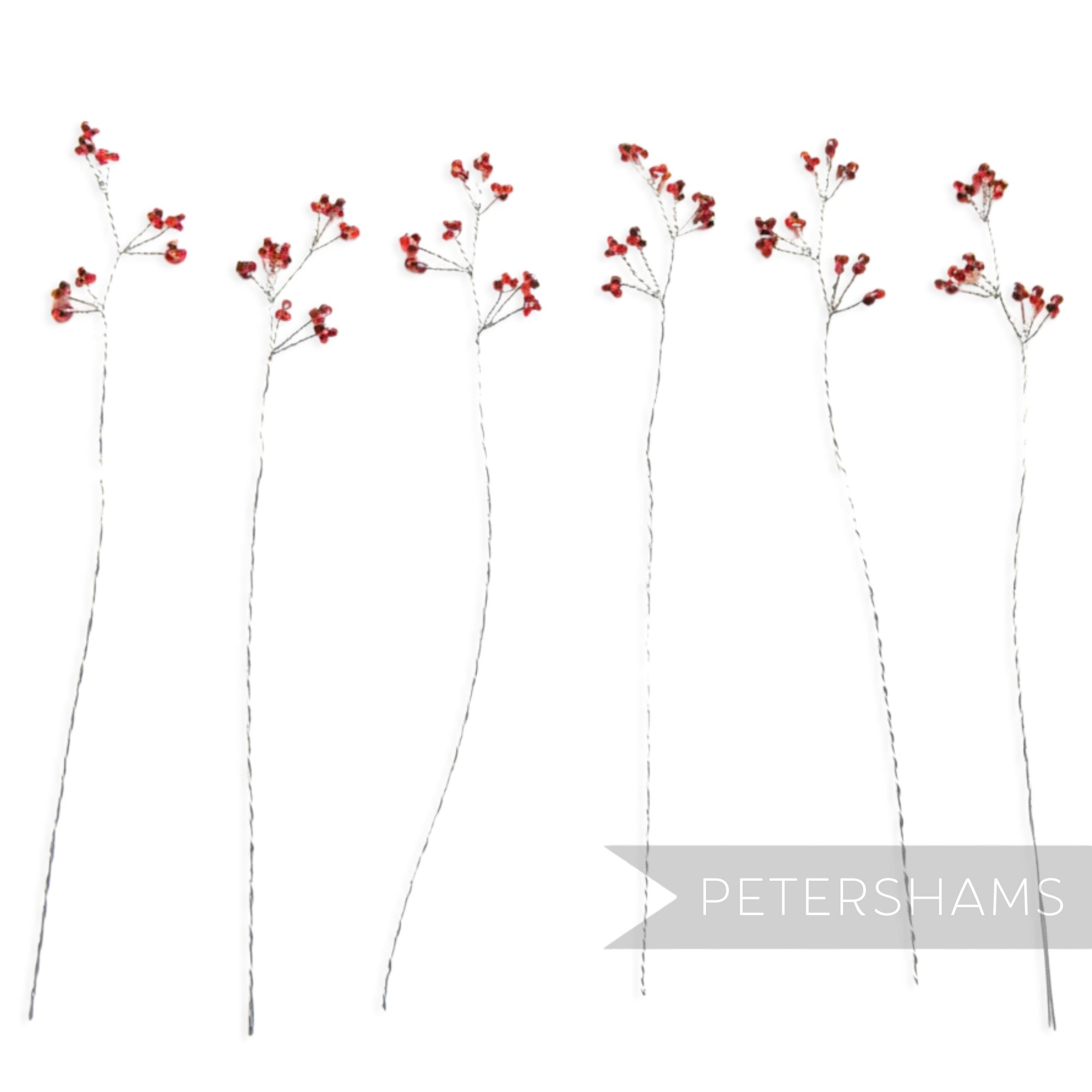 Petershams Millinery Supplies red seed bead wired stems with silver wire, 6 stems for crafts and fascinators.
