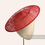 Petershams Millinery Supplies red 29cm round sinamay fascinator hat base on a mannequin head