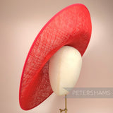 Petershams Millinery Supplies extra large red sloped sinamay hat base with petersham ribbon edge