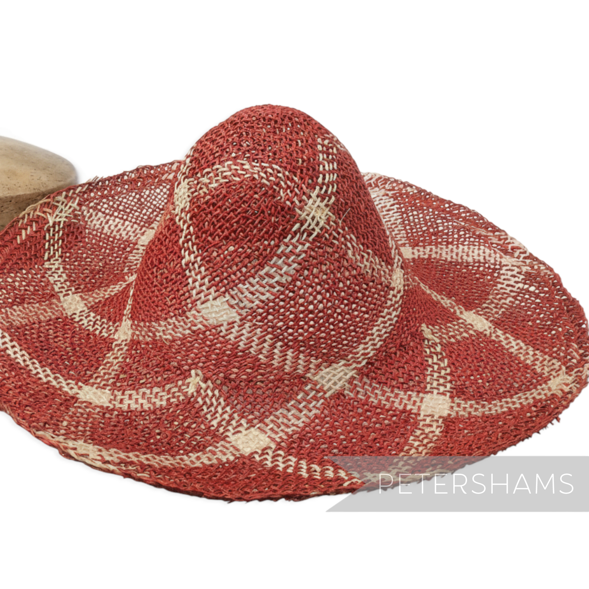 Petershams Millinery Supplies vintage red and natural jute seagrass straw capeline hat body with roulette curve pattern