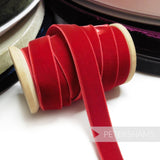 Petershams Millinery Supplies 16mm red elastic stretch velvet ribbon on a wooden spool for millinery projects