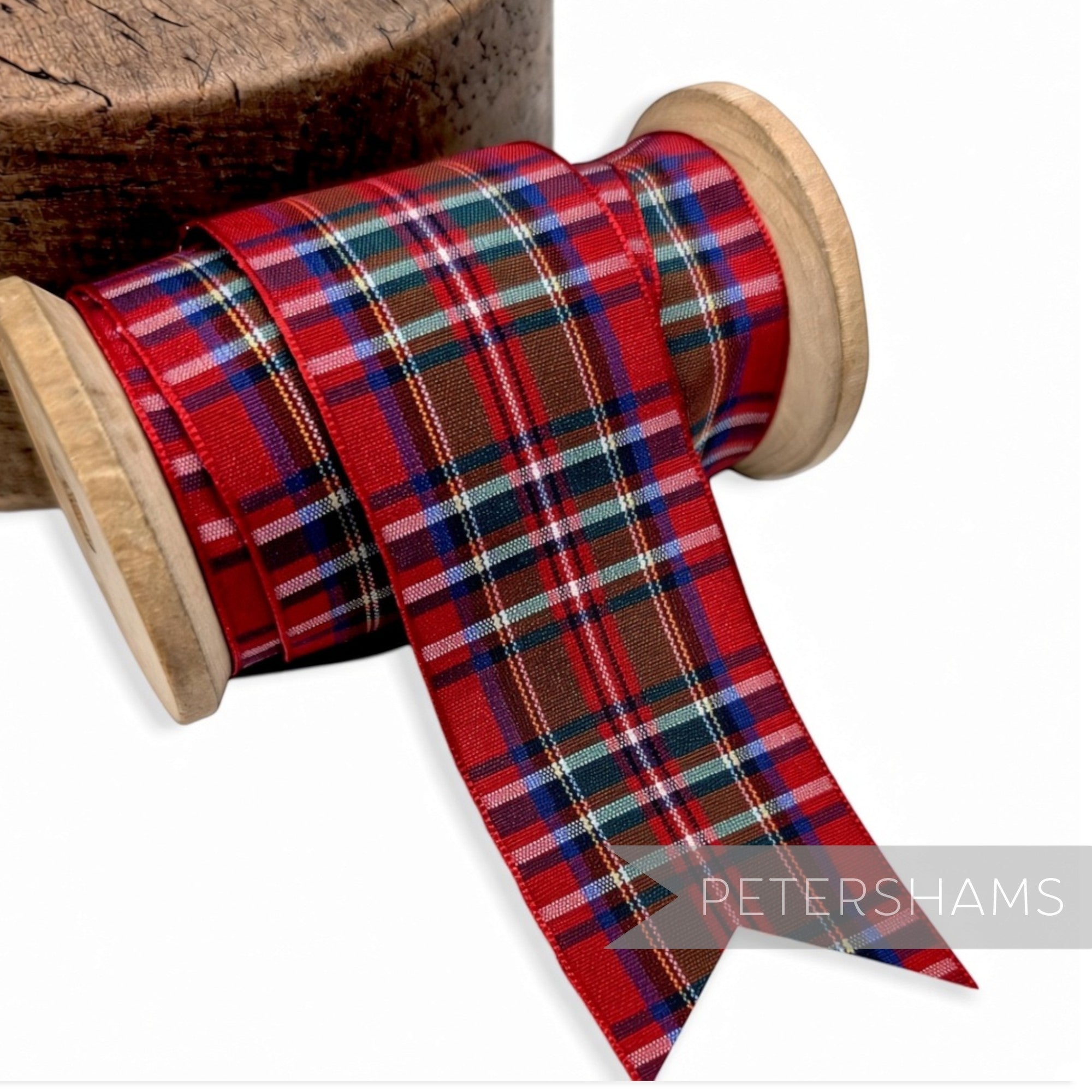 Petershams Millinery Supplies 40mm red tartan woven edge polyester ribbon on a wooden spool for millinery and crafts