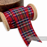 Petershams Millinery Supplies 40mm red tartan woven edge polyester ribbon on a wooden spool for millinery and crafts