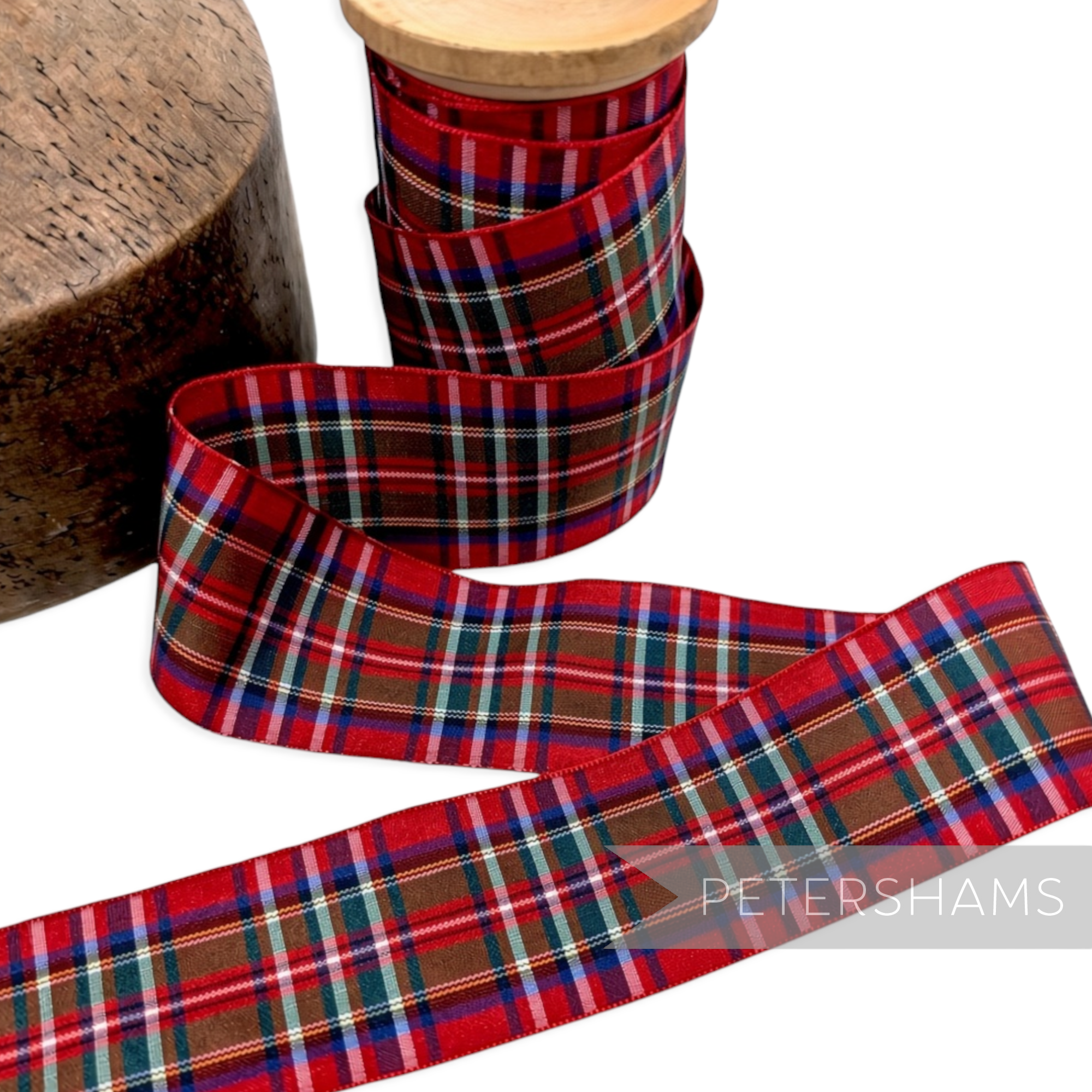 Petershams Millinery Supplies 40mm red Scottish tartan woven edge polyester ribbon on a wooden spool
